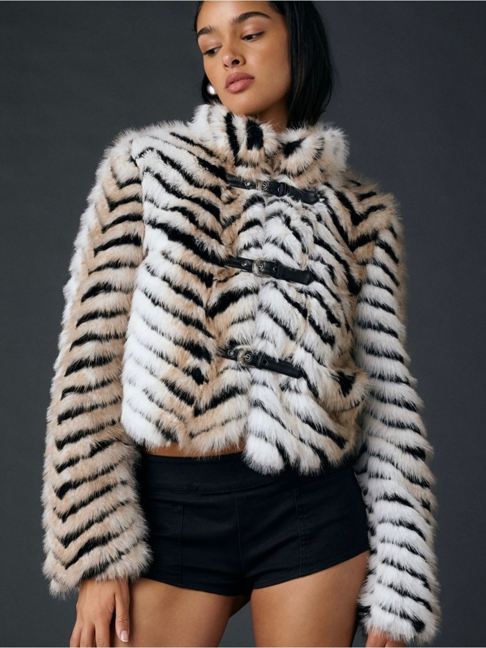 Azalea Wang Argyll Faux Fur Animal Print Coat Western Buckle Cropped Jacket